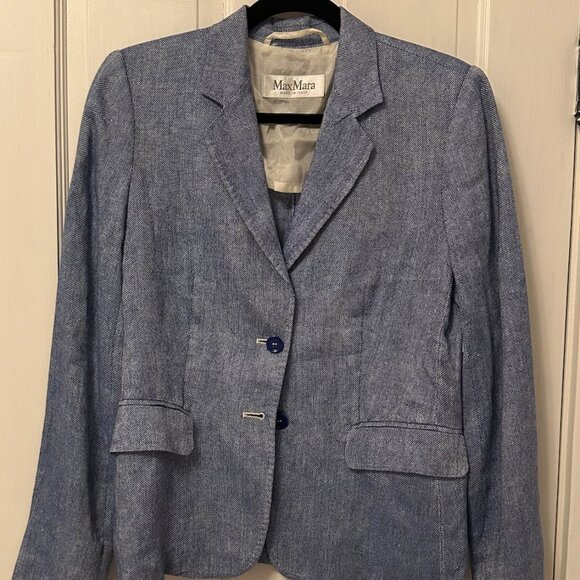 Max Mara Blue Linen Two Pocket Blazer; Size 8 - Picture 2 of 5